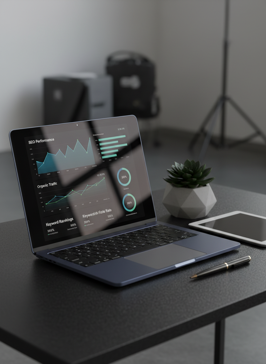 A sleek midnight-blue laptop displaying a sophisticated analytics dashboard with clean graphs and SEO metrics, resting on a matte black desk with subtle texture. Surrounding it are minimalist objects: a closed silver tablet, a black metal pen, and a small geometric concrete planter holding a dark green succulent. Soft, diffused daylight enters from an unseen window to the left, creating gentle reflections on the laptop screen and casting precise shadows. The background fades into a softly blurred, neutral-toned studio environment. Photographed at a slightly elevated eye-level angle with a shallow depth of field, the composition follows the rule of thirds, conveying premium digital marketing strategy, focus, and modern professionalism in photographic realism.