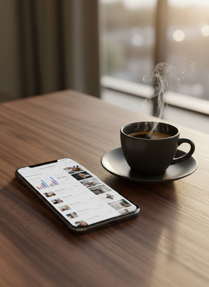A close-up, photographic-realistic view of a glossy black smartphone lying on a smooth, dark walnut surface, its screen filled with a vibrant social media management interface showing scheduled posts, engagement charts, and brand imagery in an elegant grid. Nearby, a minimalist matte-black ceramic espresso cup sits on a matching saucer, with faint steam curling upward. Soft, directional afternoon light from the right creates subtle highlights along the phone’s beveled edges and a gentle reflection in the coffee’s surface, leaving the background in tasteful blur. Shot from a slightly elevated angle with pronounced bokeh, the mood is focused, refined, and quietly energetic, perfectly capturing high-end social media management and content marketing work in progress.