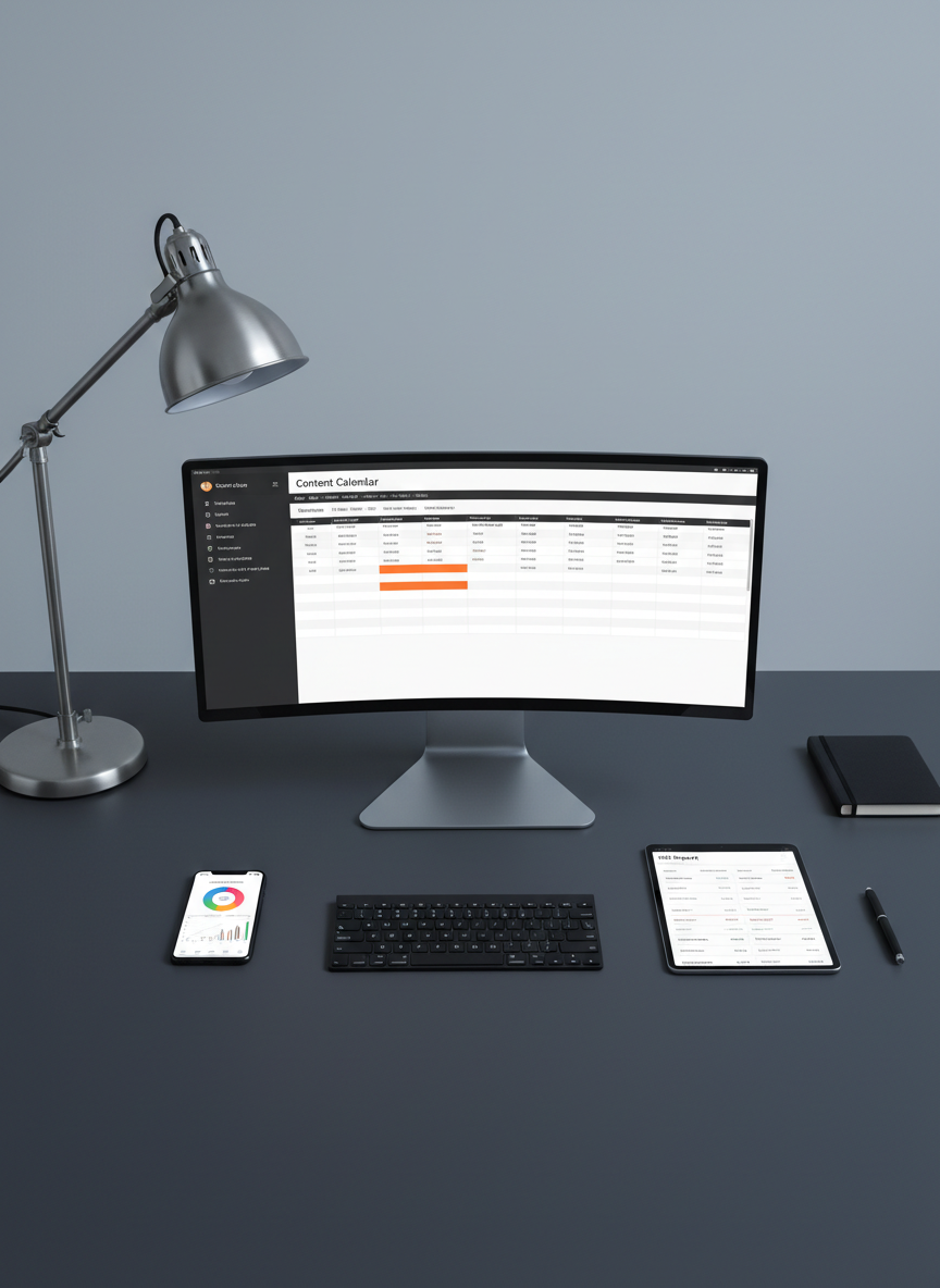 An array of high-end digital devices arranged with meticulous precision on a charcoal-gray desk: a large ultra-wide monitor showing a polished content calendar, a slim wireless keyboard, a smartphone with social media insights on screen, and a tablet featuring a clean SEO report. Cables are hidden, and accessories are minimal, including a brushed aluminum desk lamp and a small black notebook. Cool, even studio lighting washes the scene, adding a subtle gleam to metallic surfaces and crisp shadows beneath each object. Captured from a symmetrical, straight-on perspective with sharp focus throughout, the scene feels organized, strategic, and sophisticated, embodying full-service digital marketing in a clean, modern photographic style.