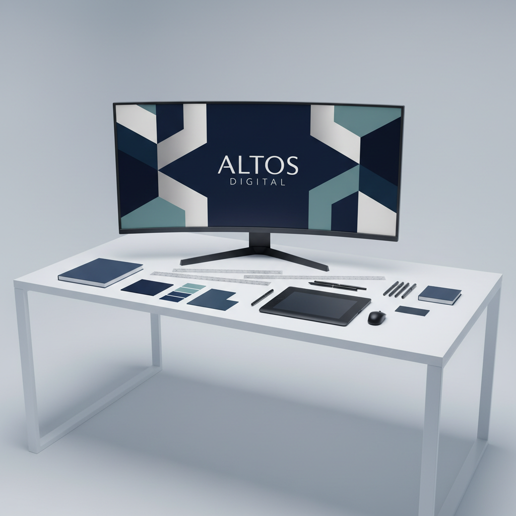 A large, ultra-clean workspace featuring a central, oversized digital canvas on a high-resolution monitor displaying an in-progress brand identity design: overlapping geometric shapes in deep navy, platinum, and muted teal, with sleek typography layers. Around the monitor lie color swatches on premium matte cards, metal rulers, and a high-end digital pen tablet, all arranged on a smooth, white desk with sharp edges. Balanced, soft studio lighting gives everything a cool, even glow, accentuating crisp lines and subtle shadows. Captured from a wide, slightly elevated angle with sharp focus, the composition emphasizes negative space and order. The atmosphere is creative yet highly disciplined, reflecting premium graphic design and visual identity development for an upscale digital marketing agency.