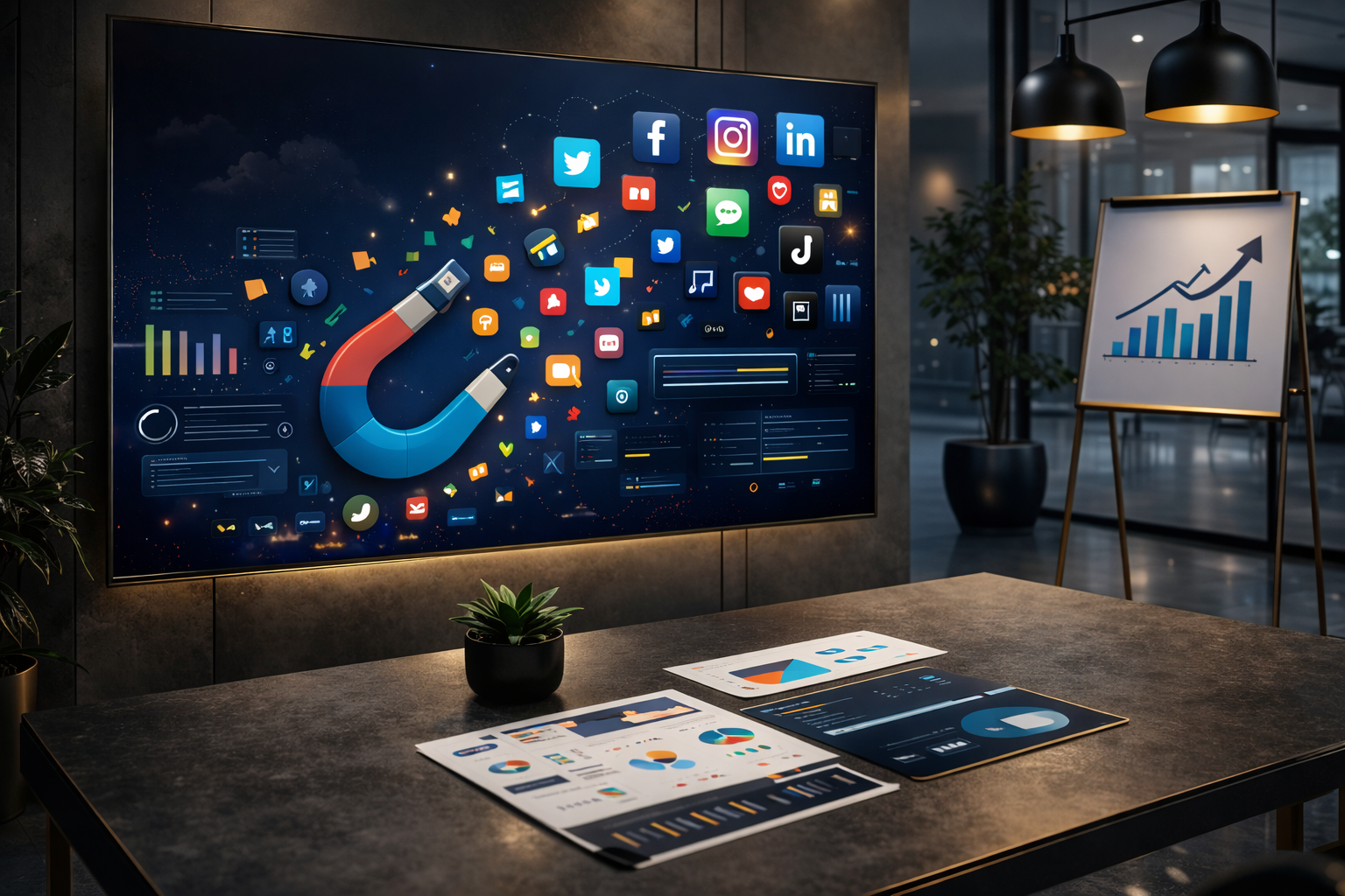 Social media marketing strategy discussion Three people in a meeting discussing social media marketing with charts and graphs