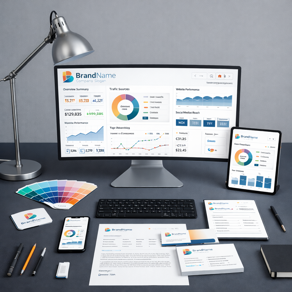 digital marketing An array of high-end digital devices arranged with meticulous precision on a charcoal-gray desk: a large ultra-wide monitor showing a polished content calendar, a slim wireless keyboard, a smartphone with social media insights on screen, and a tablet featuring a clean SEO report. Cables are hidden, and accessories are minimal, including a brushed aluminum desk lamp and a small black notebook. Cool, even studio lighting washes the scene, adding a subtle gleam to metallic surfaces and crisp shadows beneath each object. Captured from a symmetrical, straight-on perspective with sharp focus throughout, the scene feels organized, strategic, and sophisticated, embodying full-service digital marketing in a clean, modern photographic style.