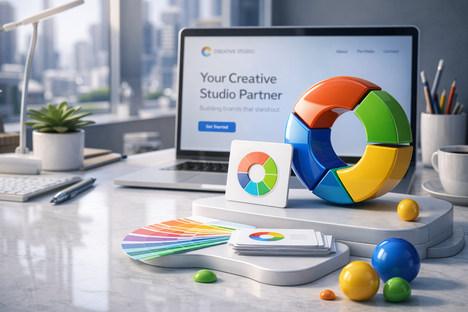 Creative Studio homepage with colorful pie chart and brand palette